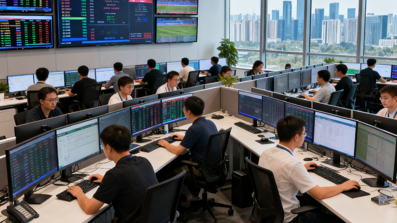 球速通体育科技成都总部的开放式办公区，约40名员工在双排显示器前工作，墙上悬挂着多块实时数据监控屏幕，展示全球各赛场比分数据流，窗外可见成都高新区天际线。